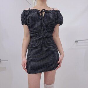 Reworked Black Stripe Off-Shoulder Bow Mini Babydoll Corset Dress